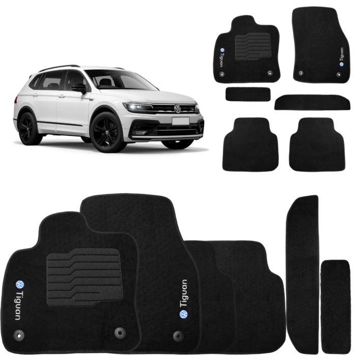 Jogo de Tapete Carpete Tiguan 2018 a 2025 Preto 7 Lugares Fixação Original Jogo de Tapete Carpete Tiguan 2018 a 2025 Preto 7 Lugares Fixação Original